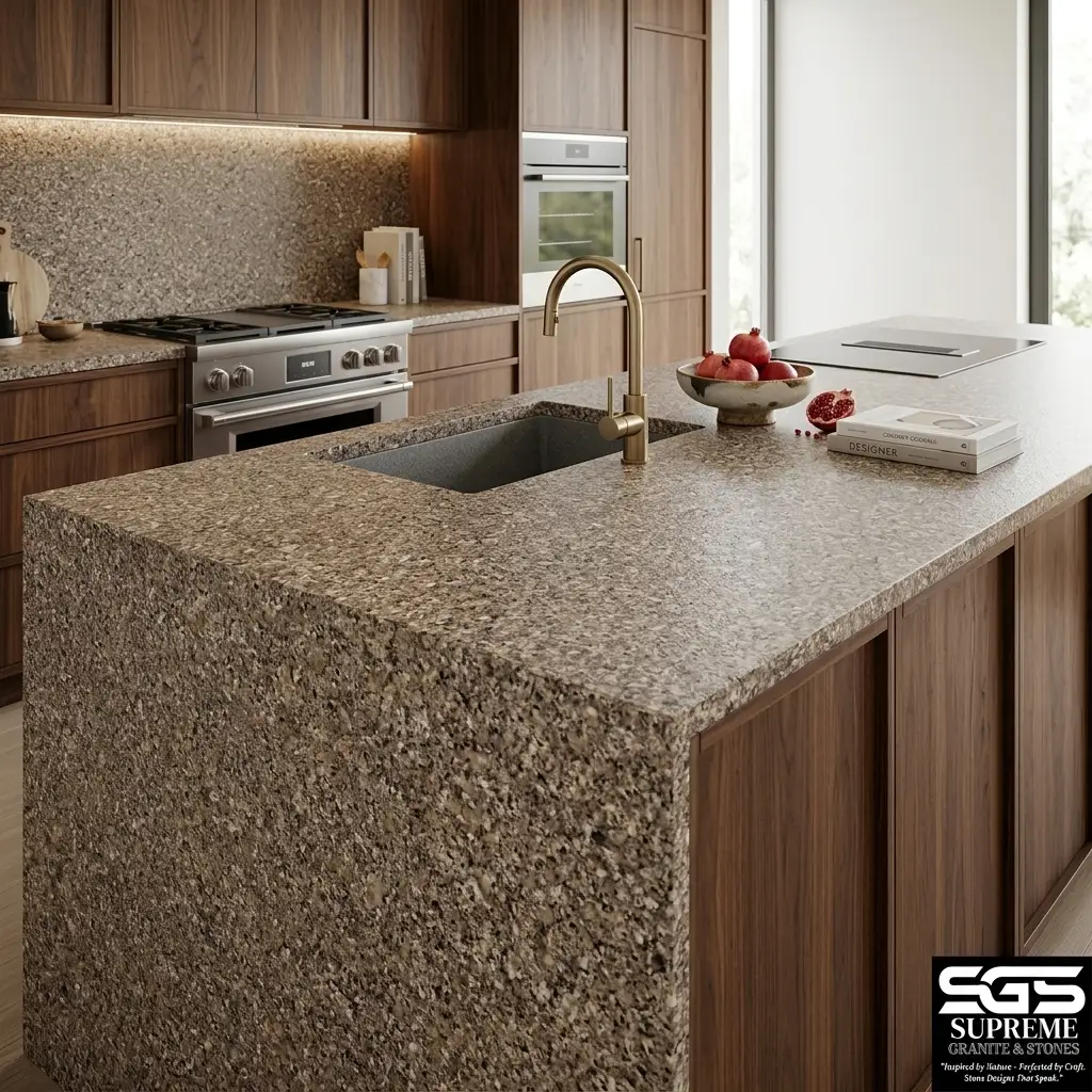 modern kitchen featuring Adhunik Brown Granite countertops, backsplash, and waterfall island with warm earthy tones and polished finish