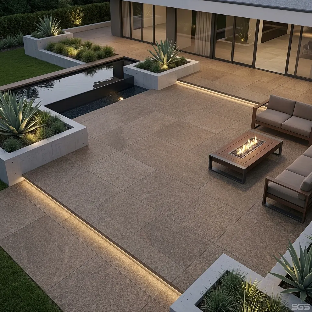 modern outdoor patio and landscape area paved with Adhunik Brown Granite tiles, offering durability and natural brown stone aesthetics