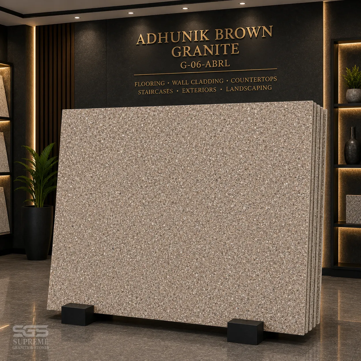 Adhunik Brown Granite slab featuring a warm brown base with fine beige, grey, and black mineral crystals, ideal for flooring, wall cladding, countertops, and exteriors