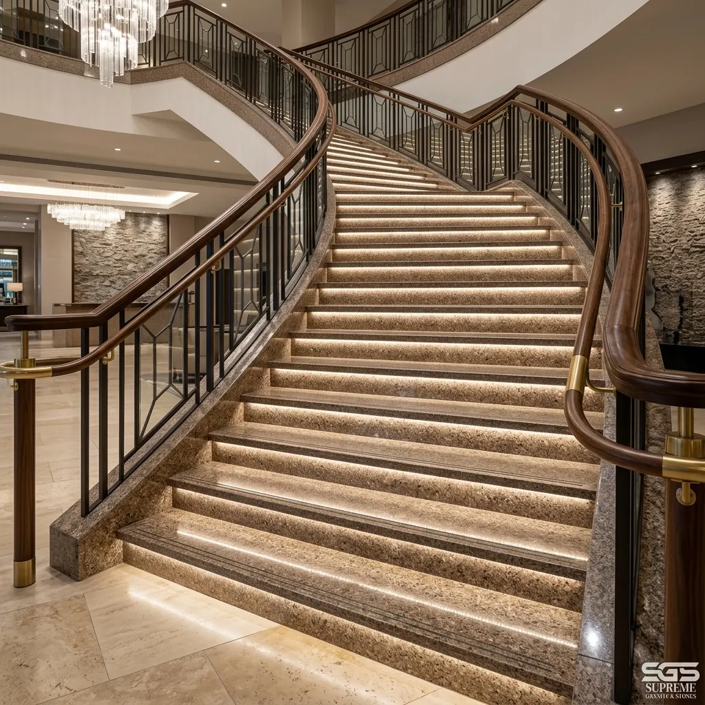 grand staircase finished with Adhunik Brown Granite steps and risers, showcasing elegant brown tones and durable natural stone construction