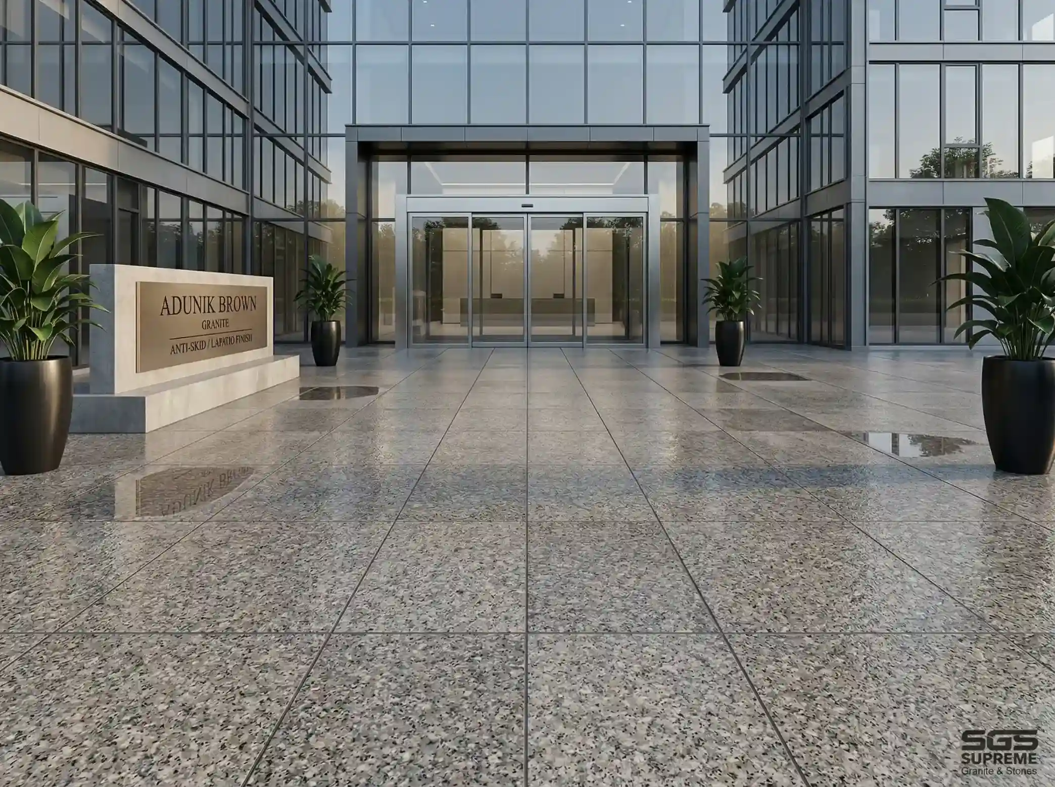 Adunik brown granite flooring at commercial building entrance with anti-skid surface, ideal for modern architectural spaces