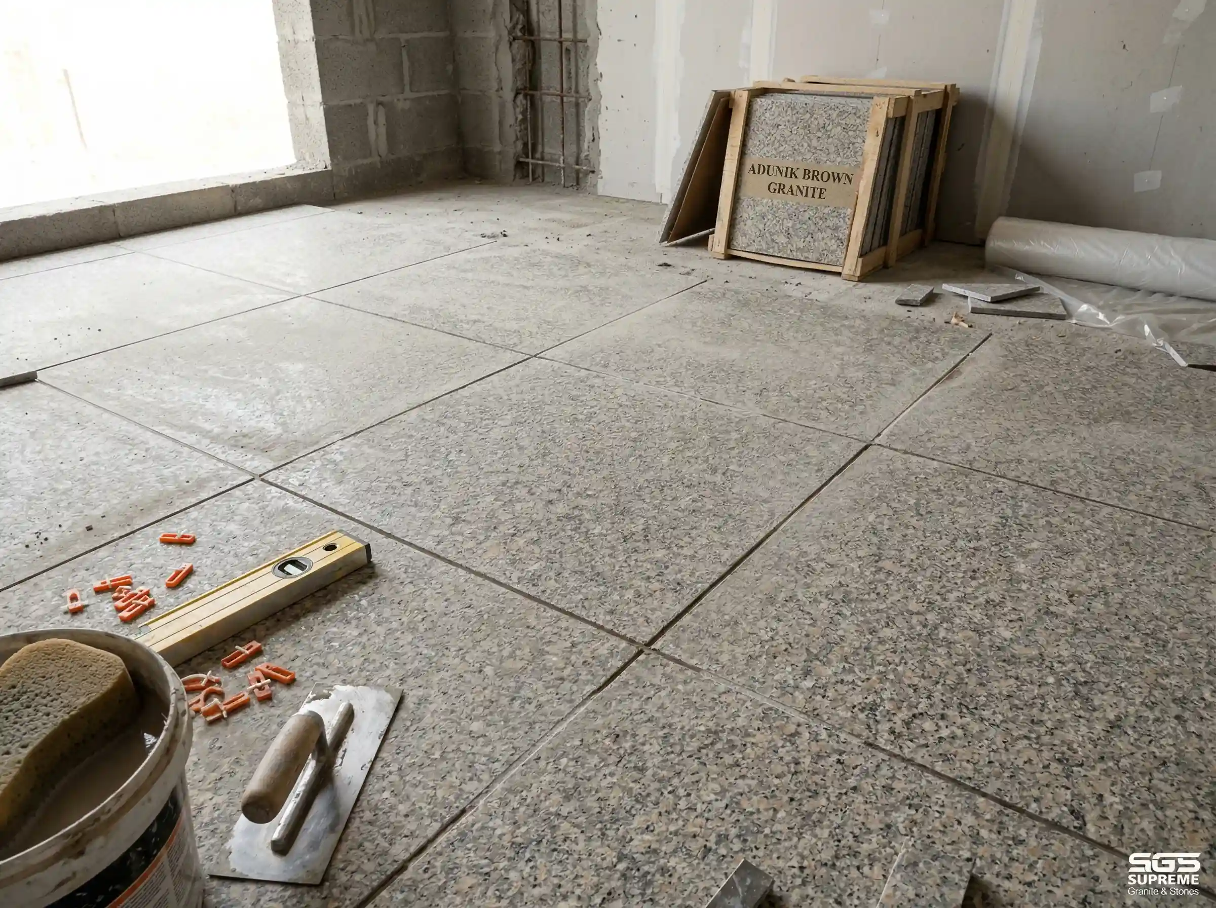 Adunik brown granite tiles being installed on site, large format anti-skid granite flooring for residential and commercial projects