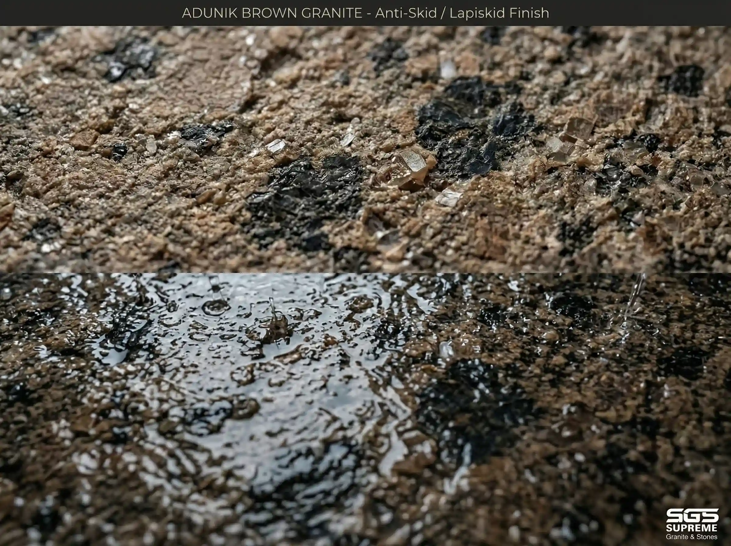 Close-up of Adunik brown granite showing textured anti-skid surface with water resistance, suitable for outdoor and wet areas