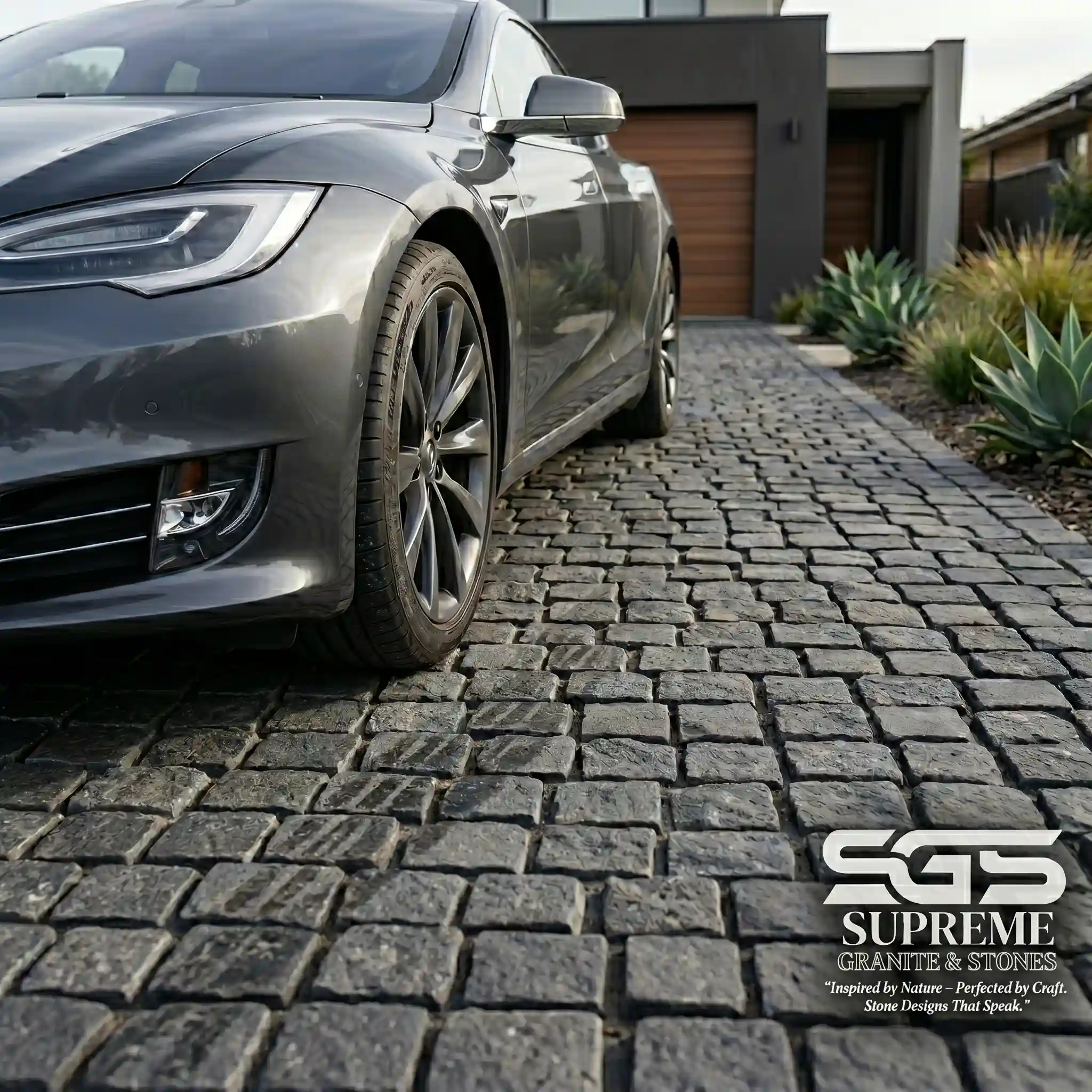 black granite cobblestone driveway with car, durable outdoor paving blocks for residential driveway