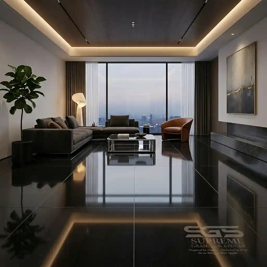 jet black granite polished flooring in modern living room reflective black stone floor