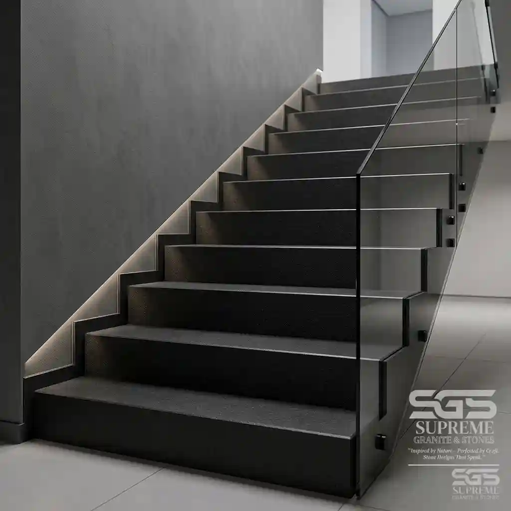 jet black granite leather finish staircase anti slip textured black stone steps