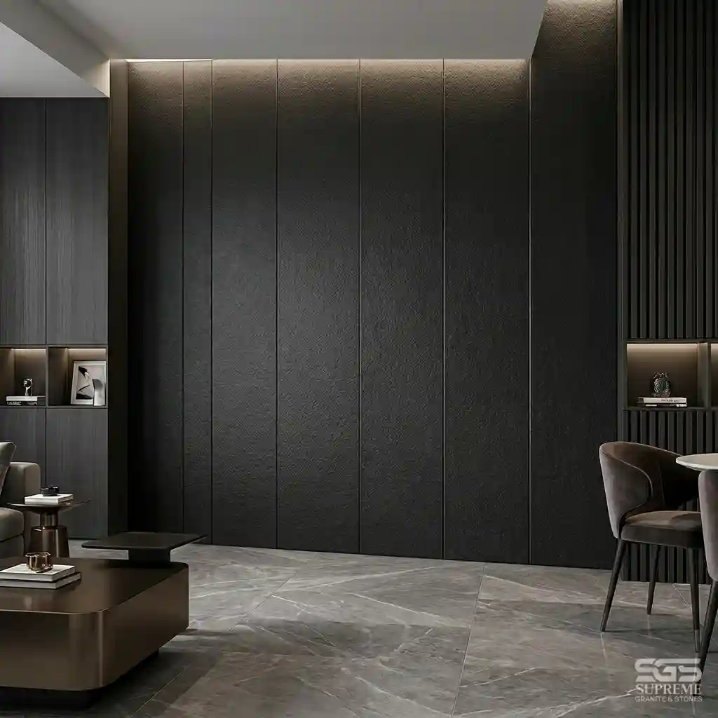 jet black granite leather finish wall panels textured black stone modern interior