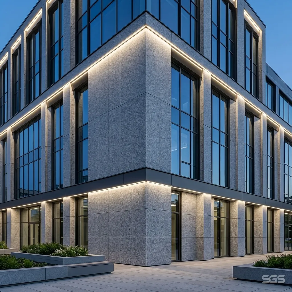 commercial building facade finished with Cera Grey Granite exterior wall cladding showcasing durability and elegant grey granite aesthetics