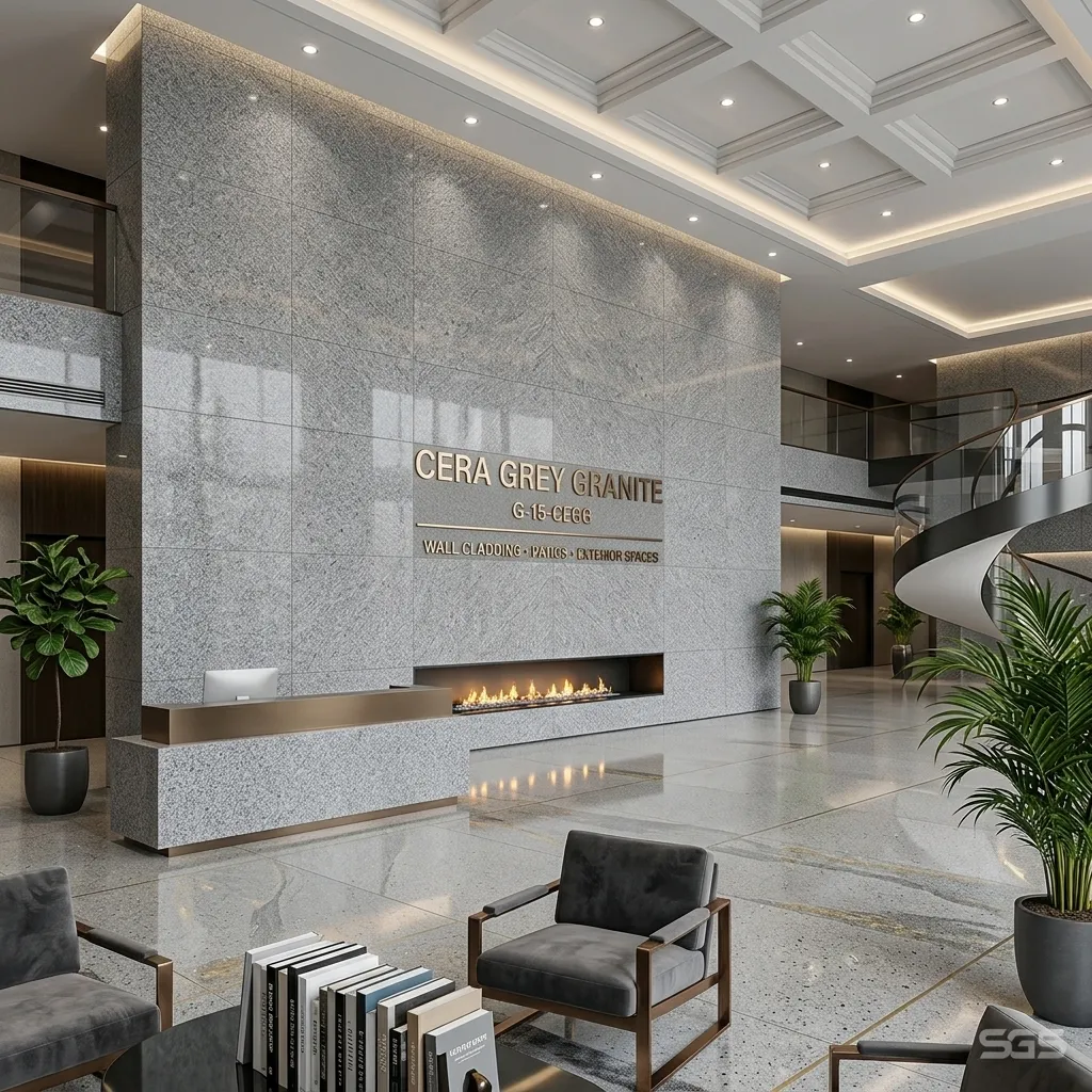 luxury commercial lobby featuring Cera Grey Granite wall cladding with fine grey speckled texture, reception desk, and premium architectural interior design