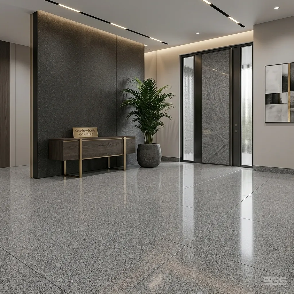 modern interior featuring polished Cera Grey Granite flooring with a refined grey speckled appearance and contemporary architectural design