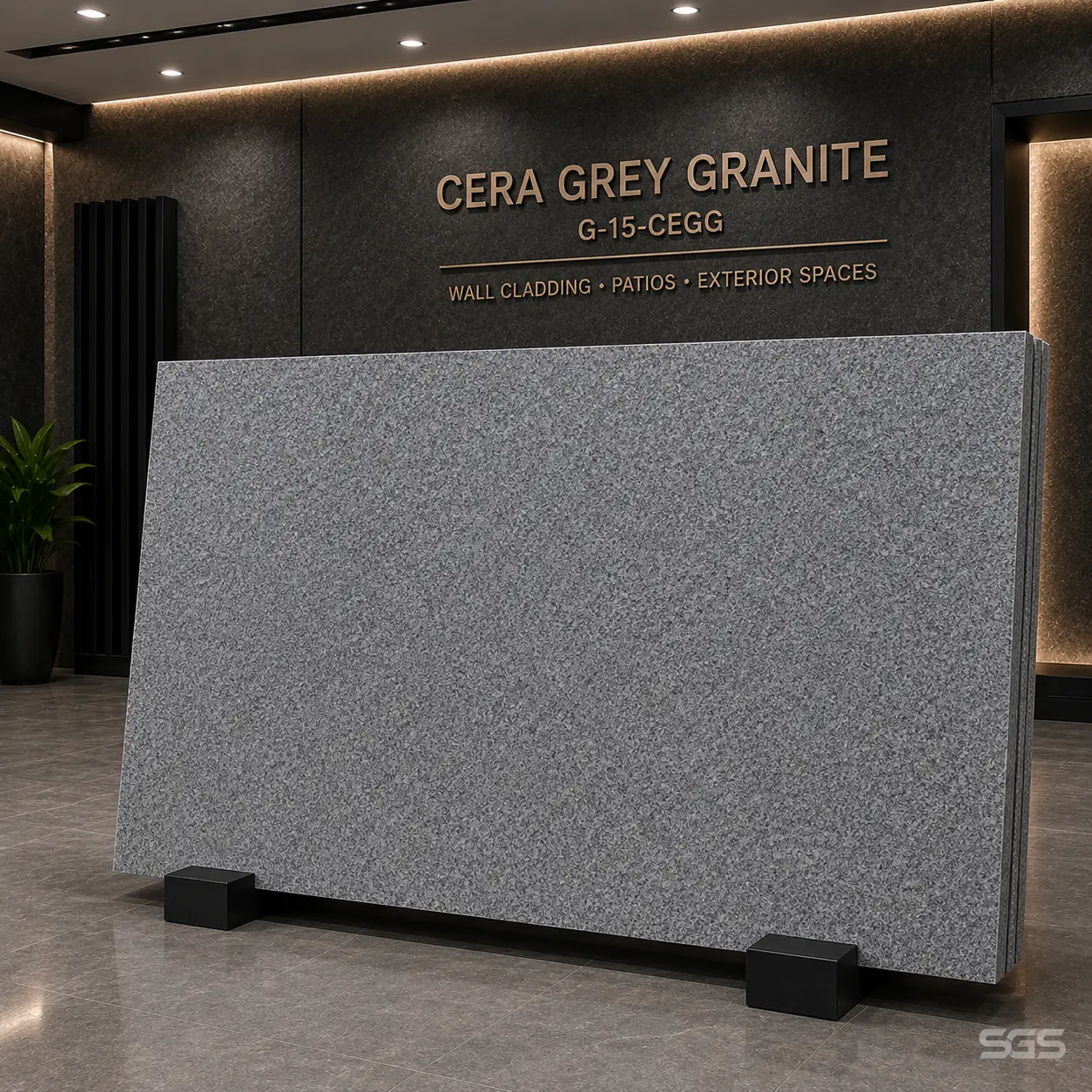 Cera Grey Granite slab displaying a consistent grey and black speckled pattern, showcased in a premium granite showroom