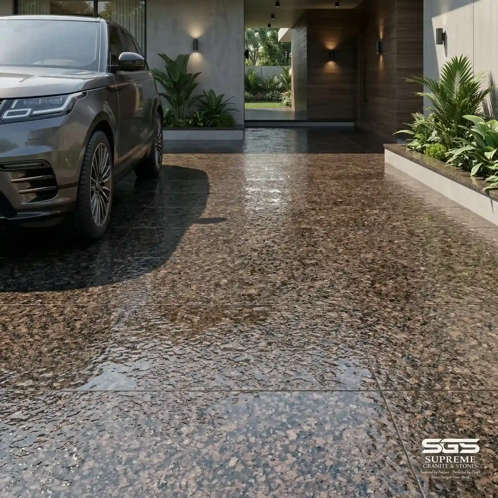 Coffee Brown granite driveway flooring with anti-skid laputra finish, ideal for car parking, outdoor spaces and villas in Bangalore