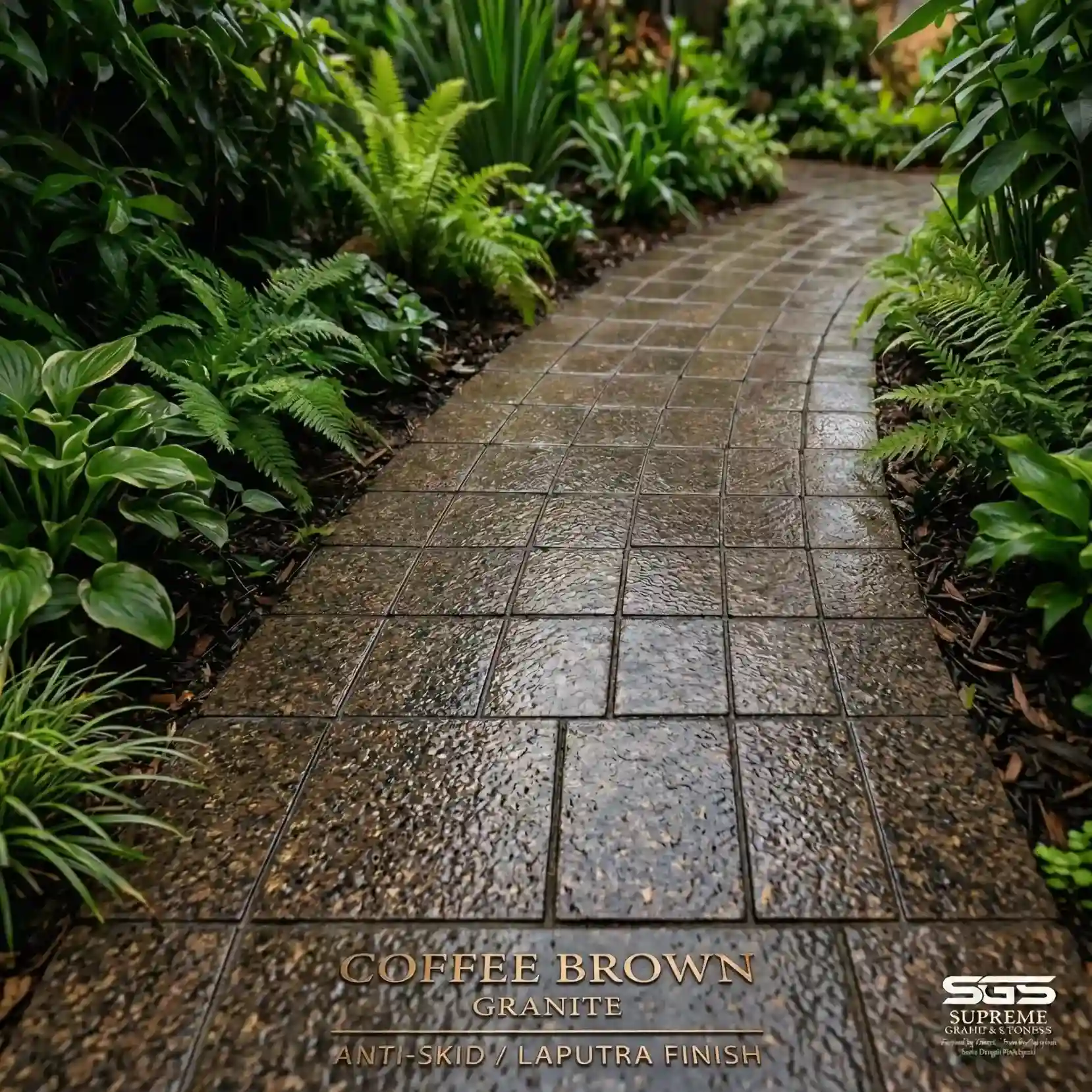 Coffee Brown granite tiles with laputra finish used for garden pathway, providing natural texture and slip resistance for outdoor landscaping