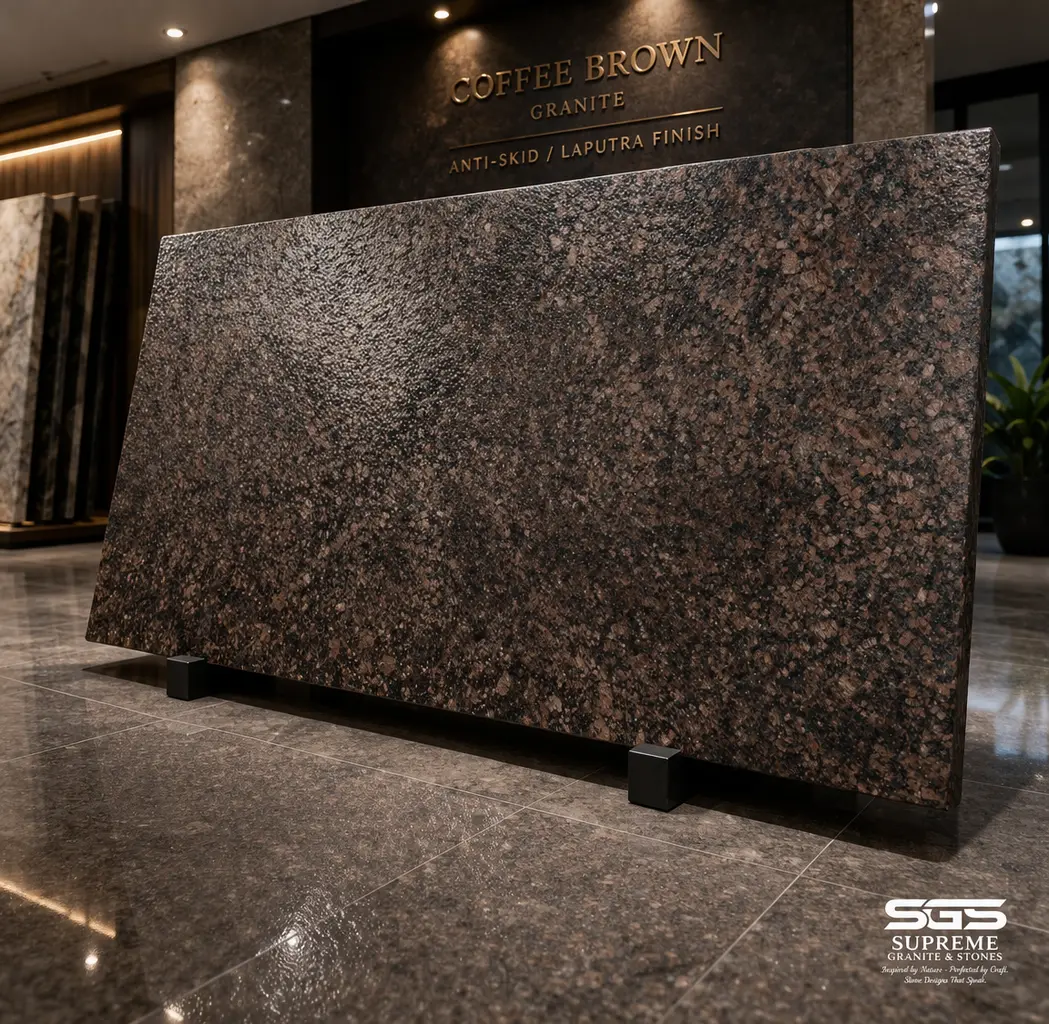 Large Coffee Brown granite slab with laputra finish displayed in showroom, high-quality stone sourced from Jigani granite suppliers