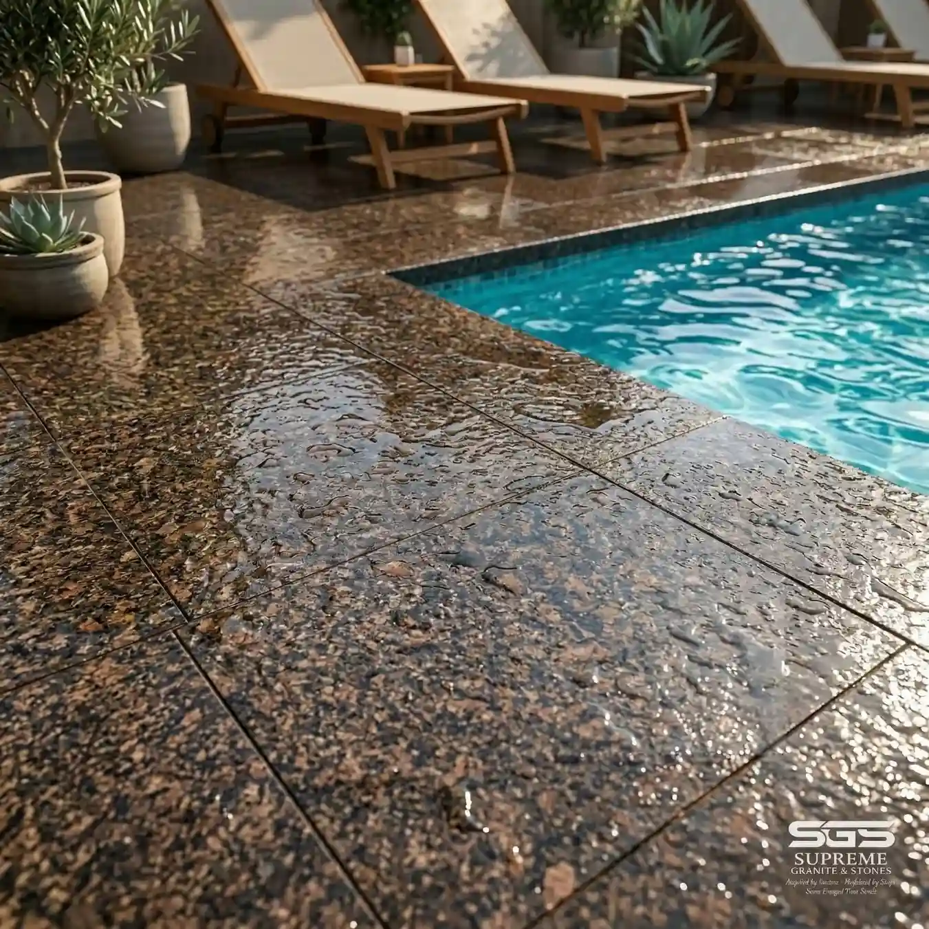 Anti-skid Coffee Brown granite flooring used around swimming pool area, durable and slip-resistant stone for outdoor applications in Bangalore