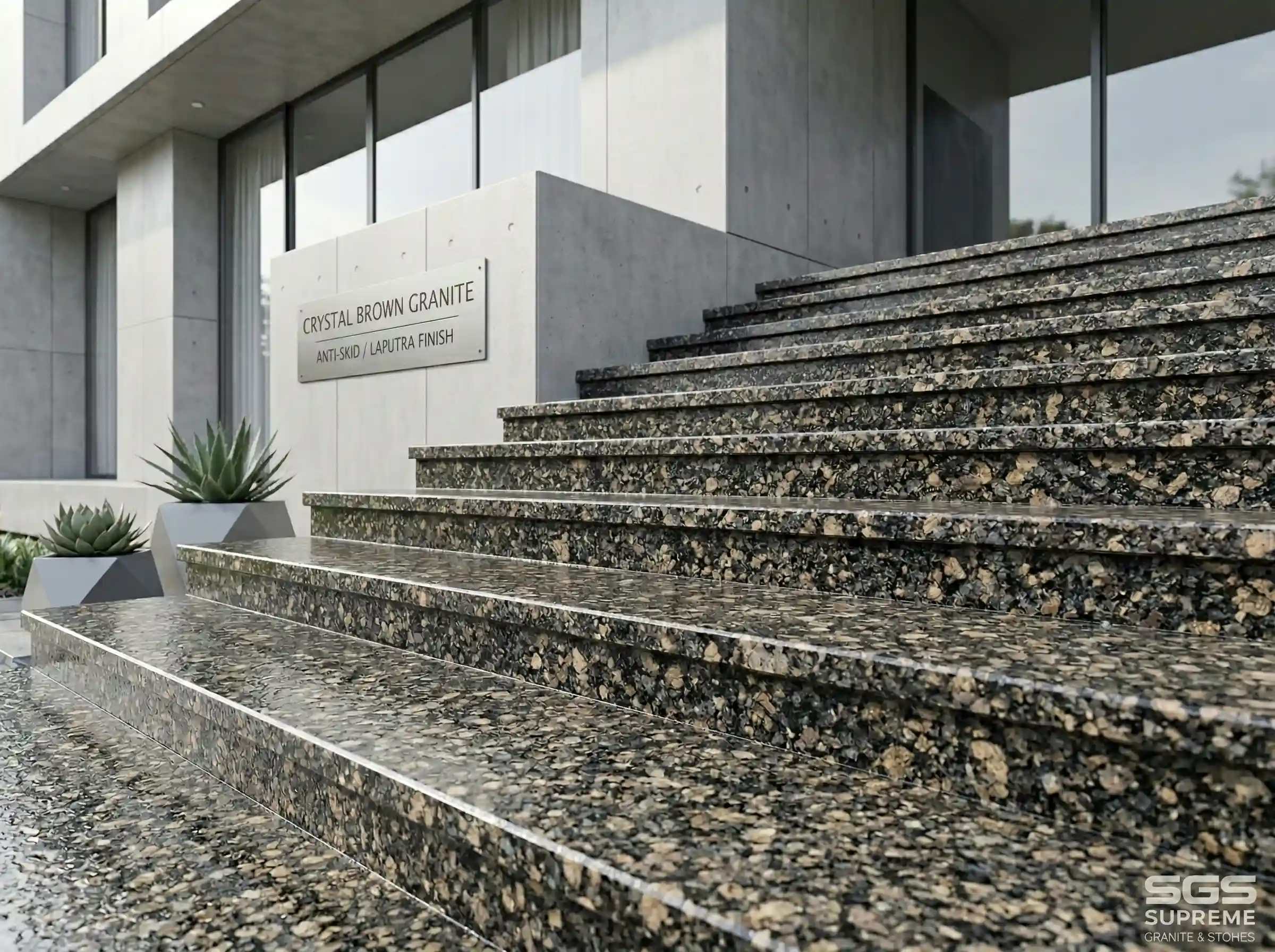 Crystal brown granite staircase with laputra finish, non-slip stone ideal for outdoor steps and entrance areas