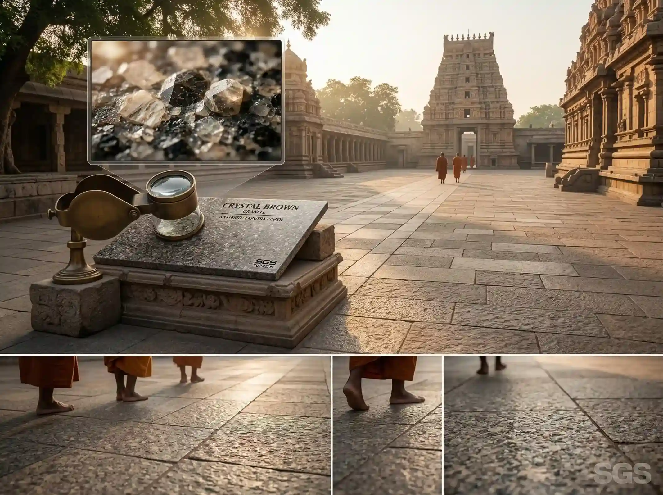 Crystal brown granite flooring in temple courtyard with anti-skid finish, durable stone for heritage and religious spaces