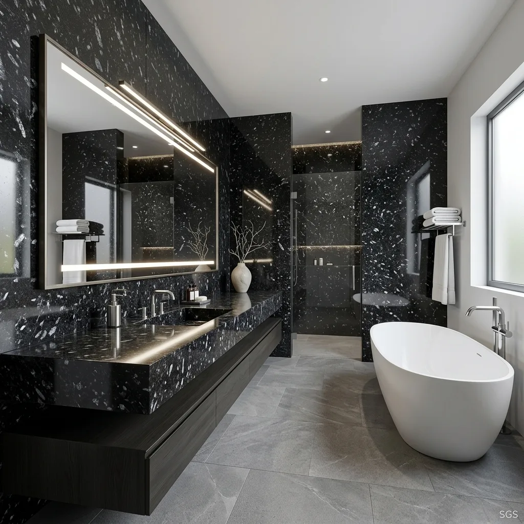 luxury bathroom featuring Flash Black Granite vanity tops, wall cladding, and shower panels with elegant silver crystal detailing