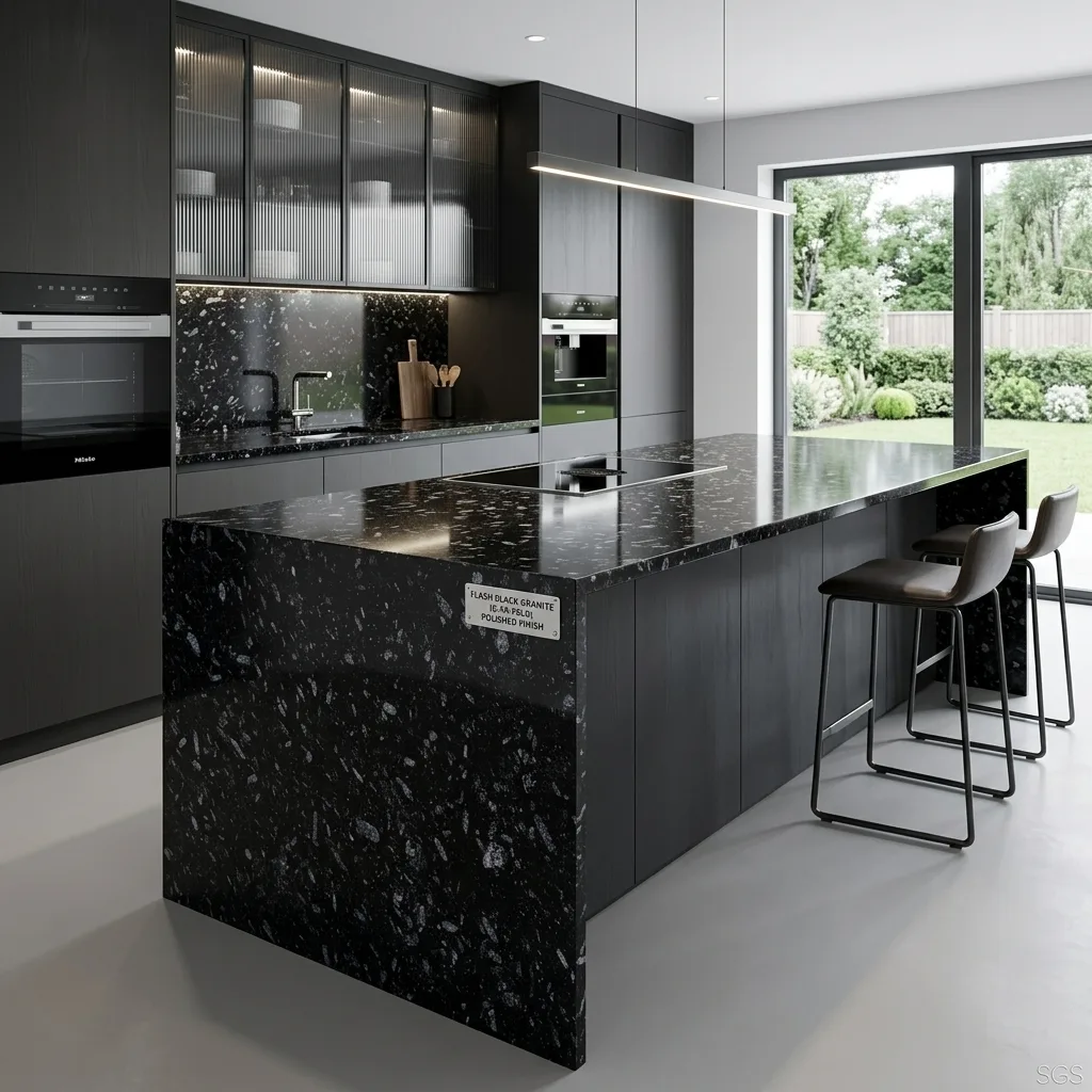 modern kitchen featuring Flash Black Granite countertops and waterfall island with striking silver crystal patterns on a polished black surface