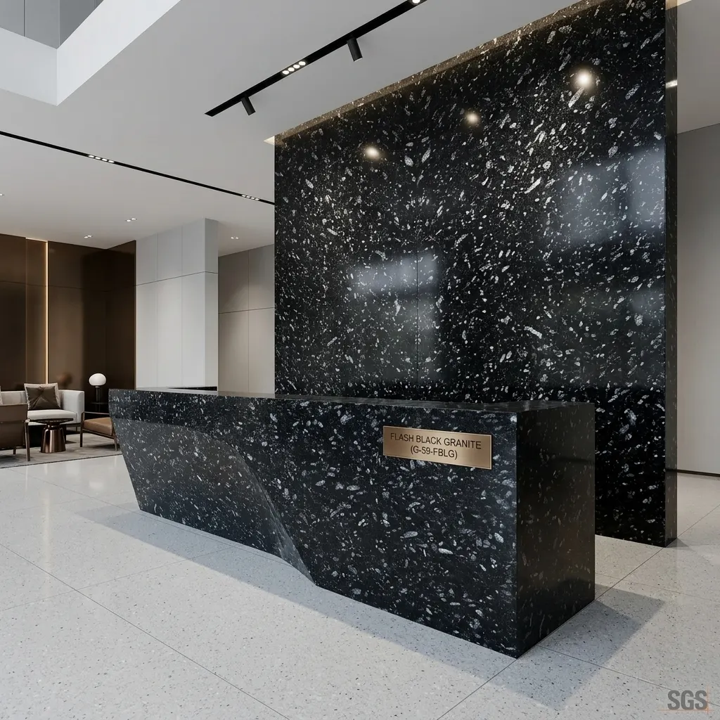 premium reception counter and feature wall crafted from Flash Black Granite showcasing dramatic silver crystal patterns in a modern commercial interior