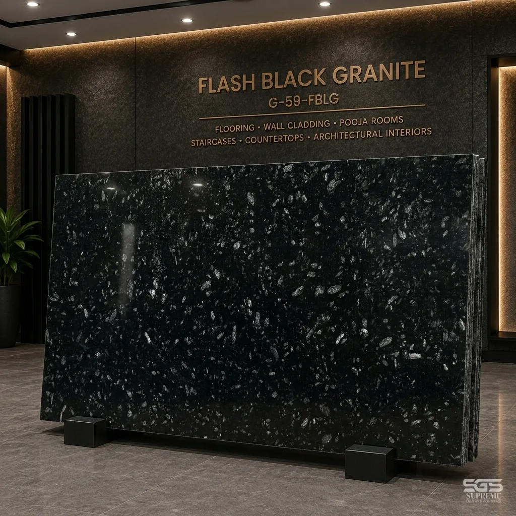 polished Flash Black Granite slab displaying a deep black background with distinctive silver mineral crystals, showcased in a granite showroom