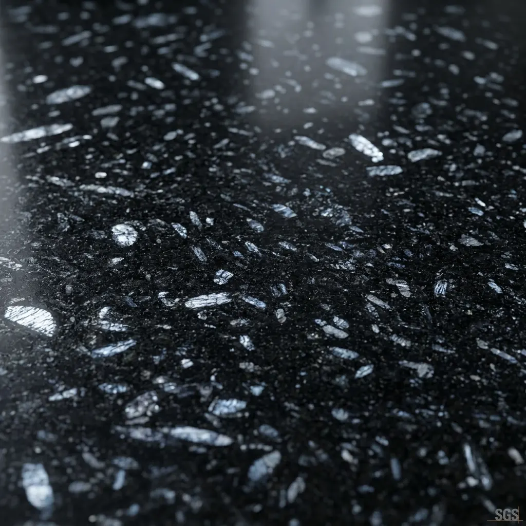 close-up view of Flash Black Granite highlighting its polished black surface and reflective silver crystal formations