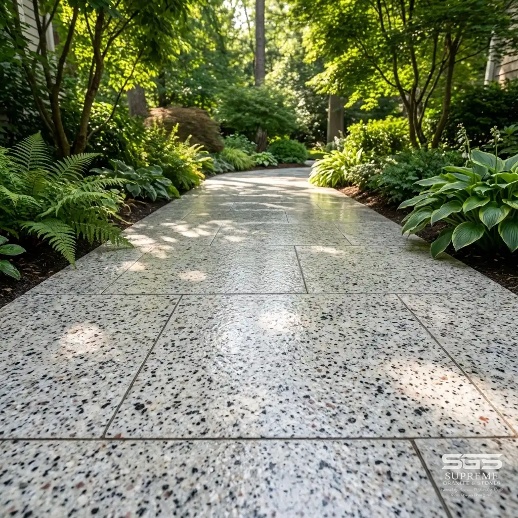 Forest White granite pathway tiles with anti-skid surface, ideal for garden walkways and landscape design in residential projects