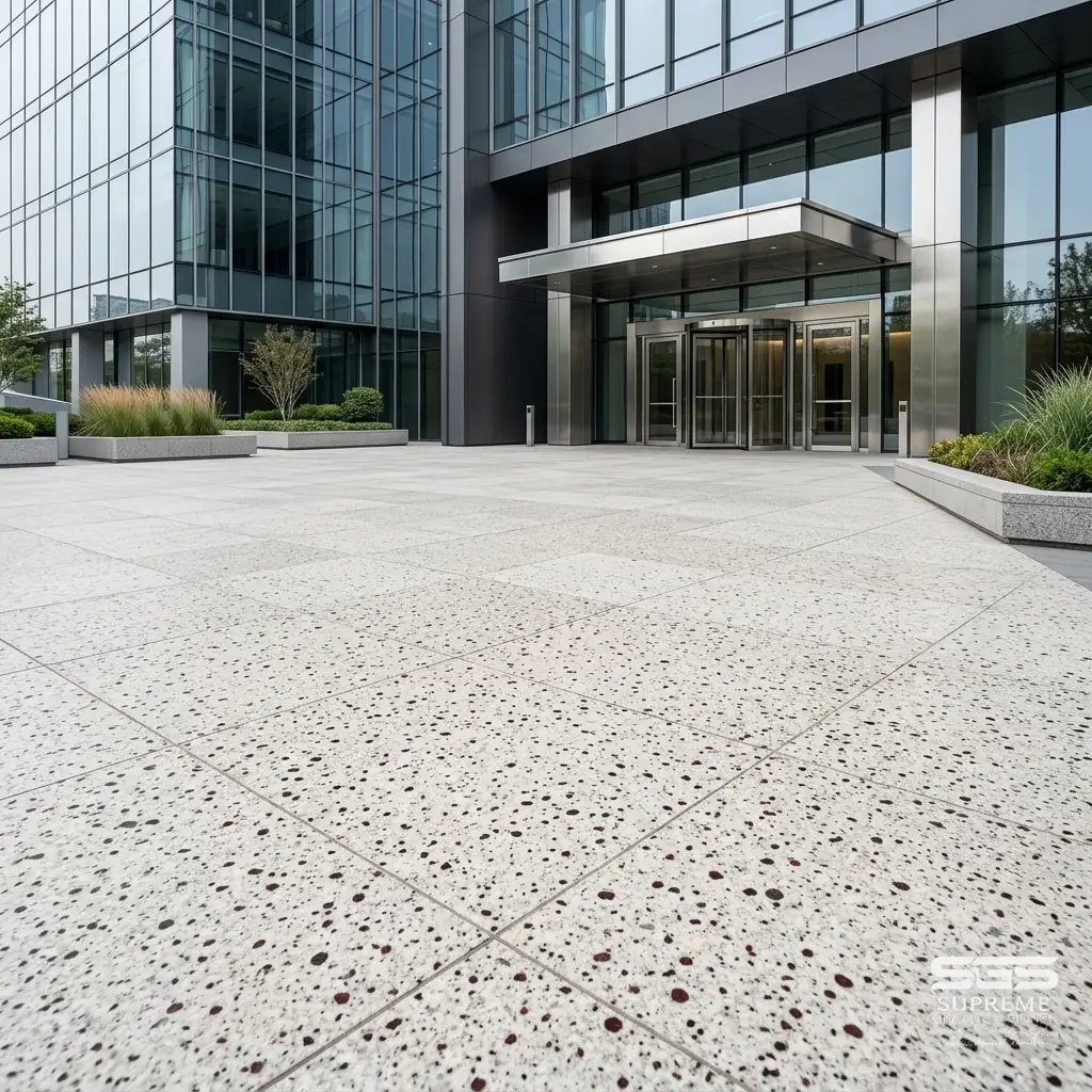 Forest White granite anti-skid flooring used in commercial building exterior, durable and weather-resistant stone ideal for high-traffic outdoor areas