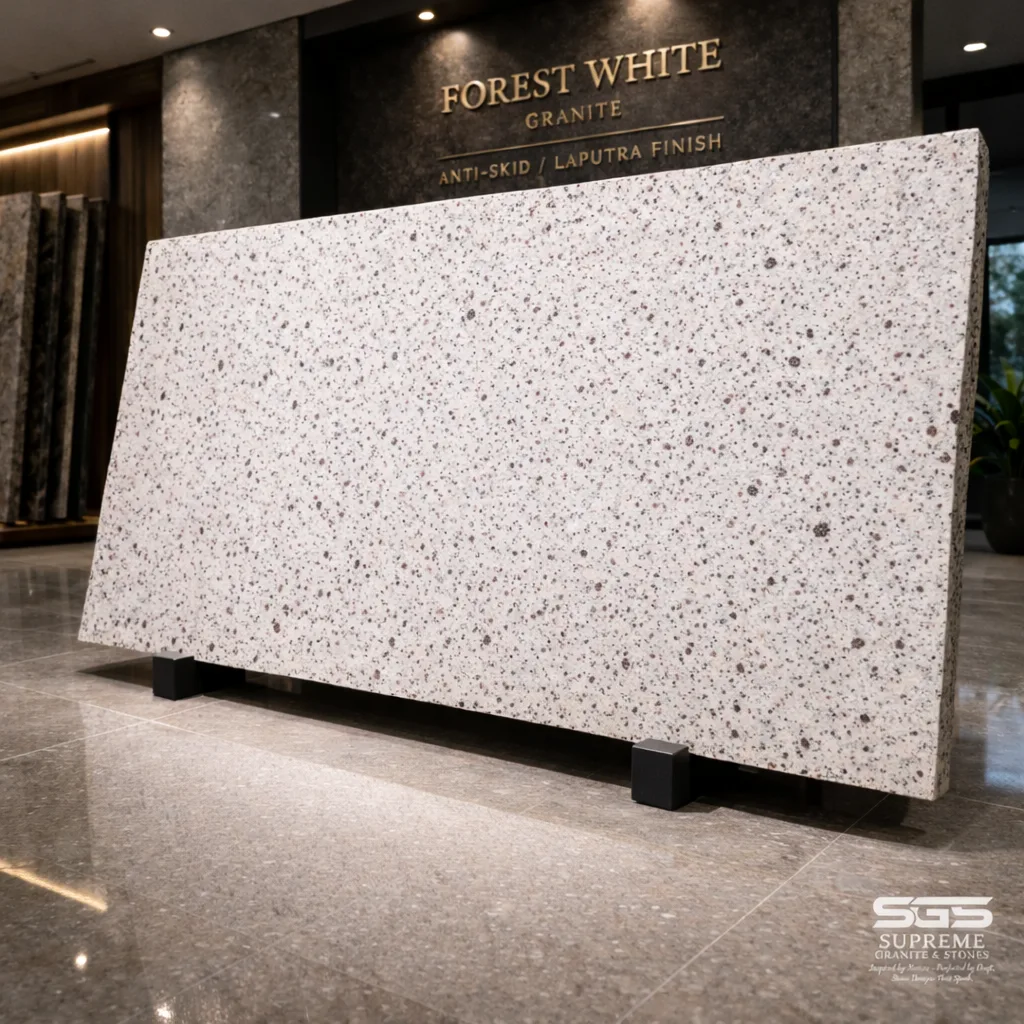 Large Forest White granite slab with laputra finish displayed in showroom, high-quality stone supplied from Jigani granite manufacturers