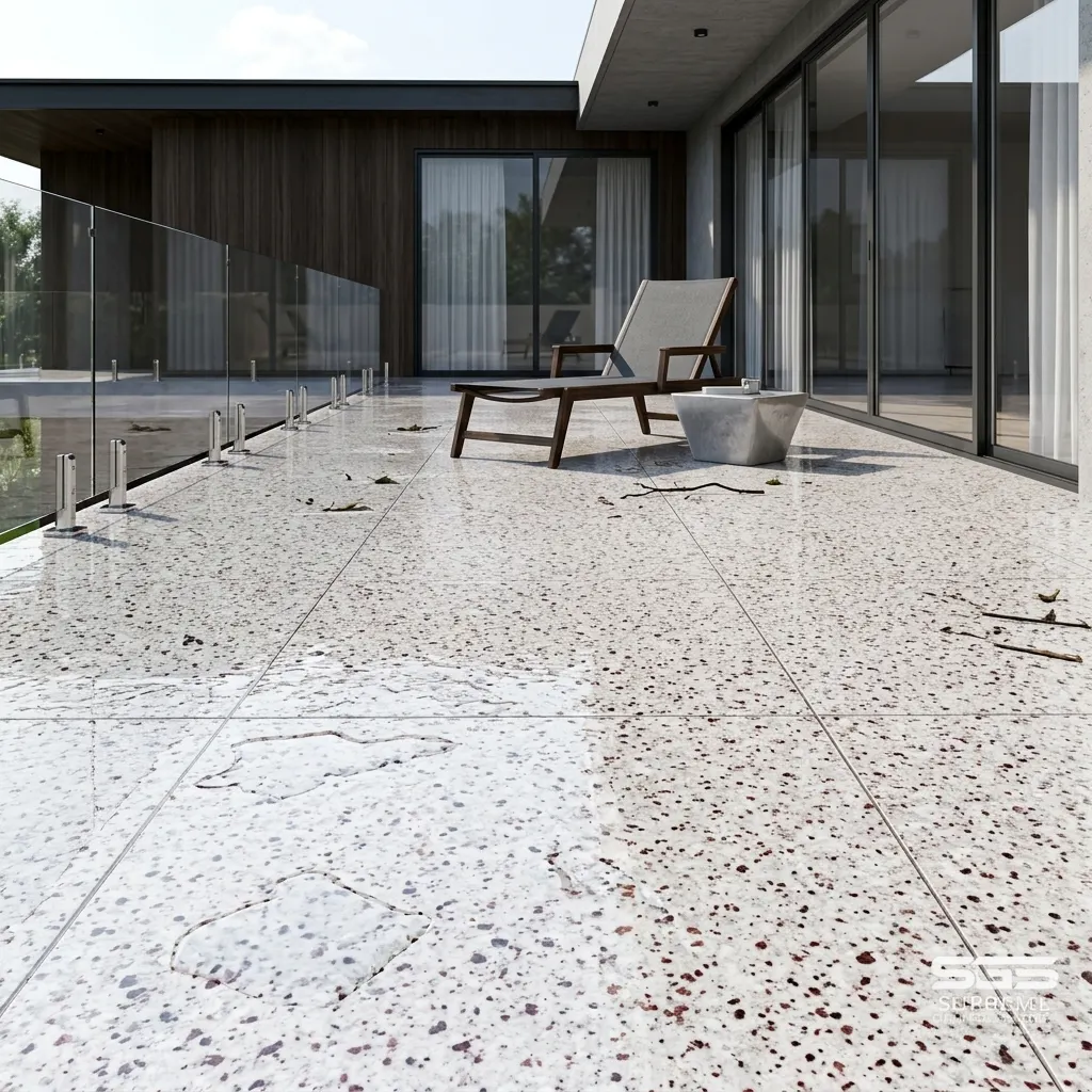 Forest White granite used for terrace flooring with anti-skid finish, suitable for balconies, patios and modern outdoor living spaces in Bangalore