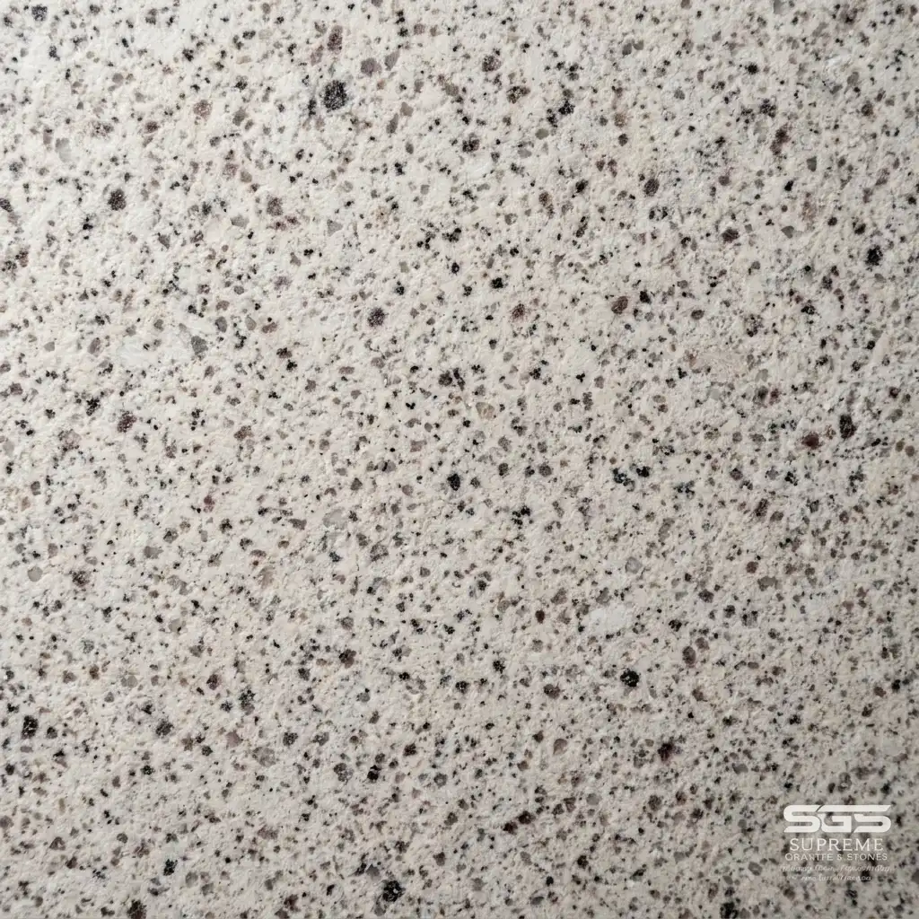 Close-up of Forest White granite showing light base with black and grey speckles, anti-skid laputra finish for outdoor flooring applications