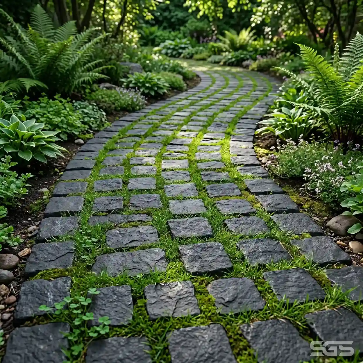 black granite cobblestone pathway with grass joints in garden landscaping design