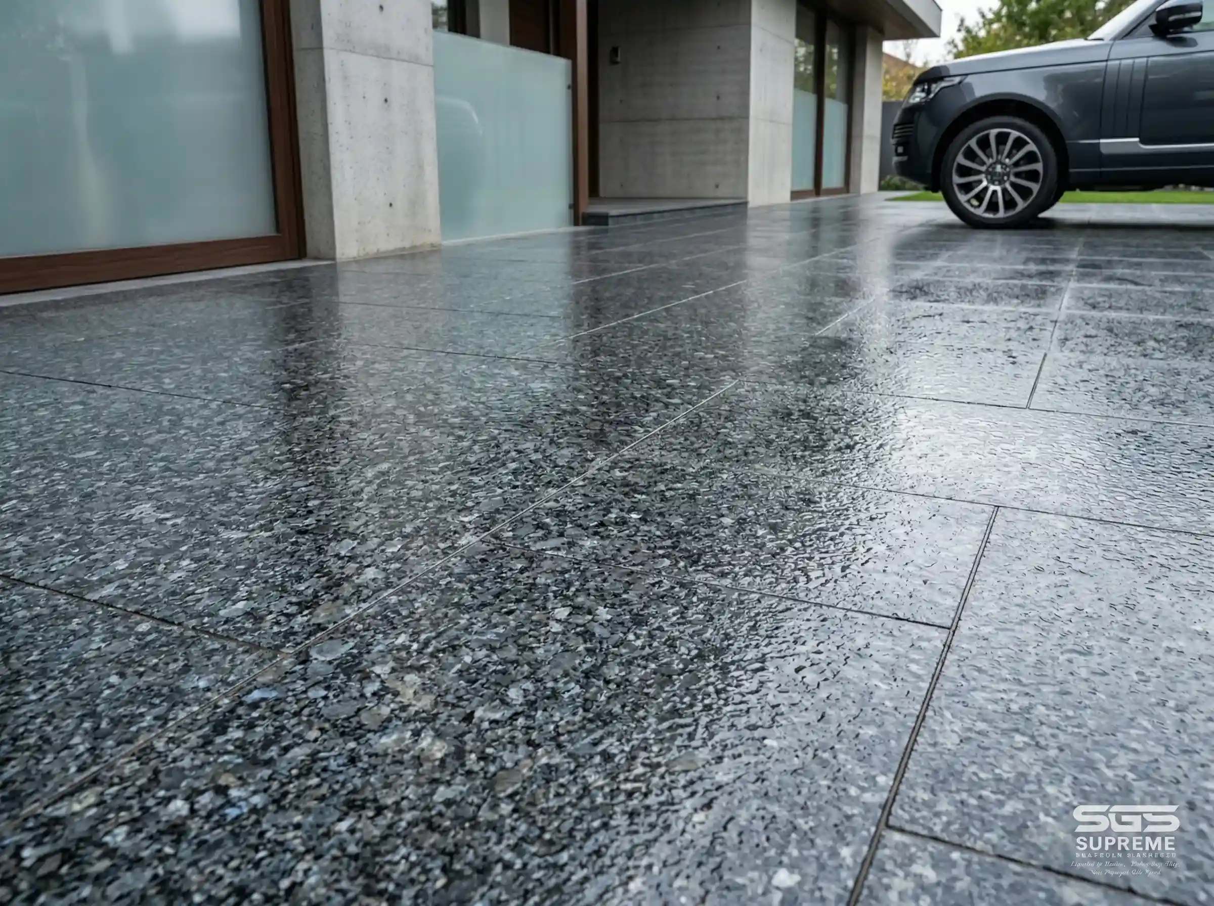 Honey Blue granite driveway flooring with textured anti-skid surface, ideal for car parking and exterior spaces in Bangalore