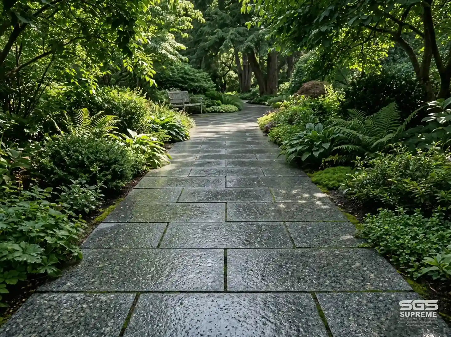 Honey Blue granite pathway with anti-skid laputra finish used in garden landscaping, durable and slip-resistant stone for outdoor walkways