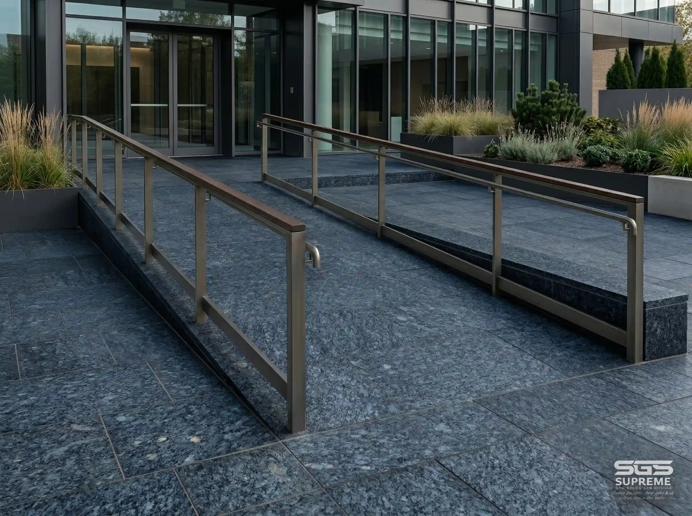 Honey Blue granite used in commercial ramp flooring with anti-skid finish, ideal for wheelchair access areas and high-traffic zones