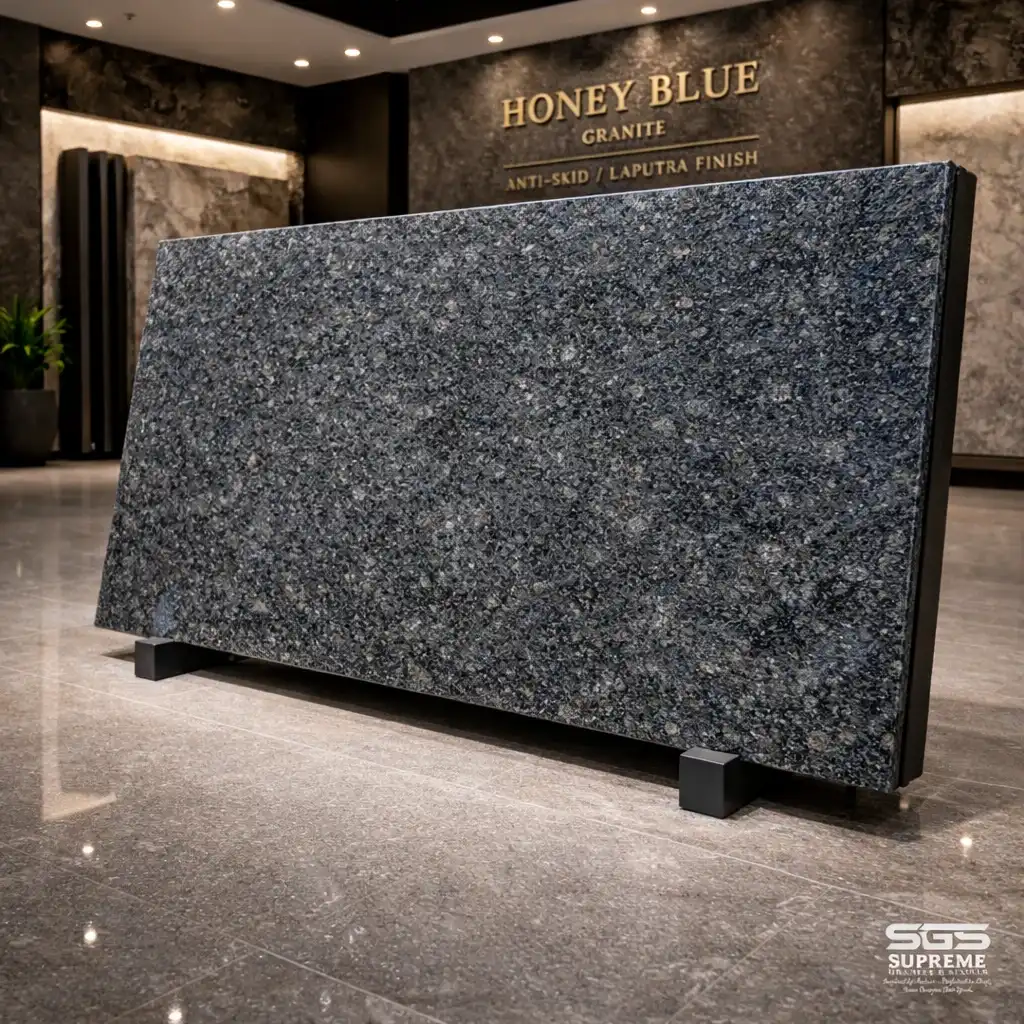 Large Honey Blue granite slab with laputra finish displayed in showroom, high-quality stone supplied by Jigani granite manufacturers