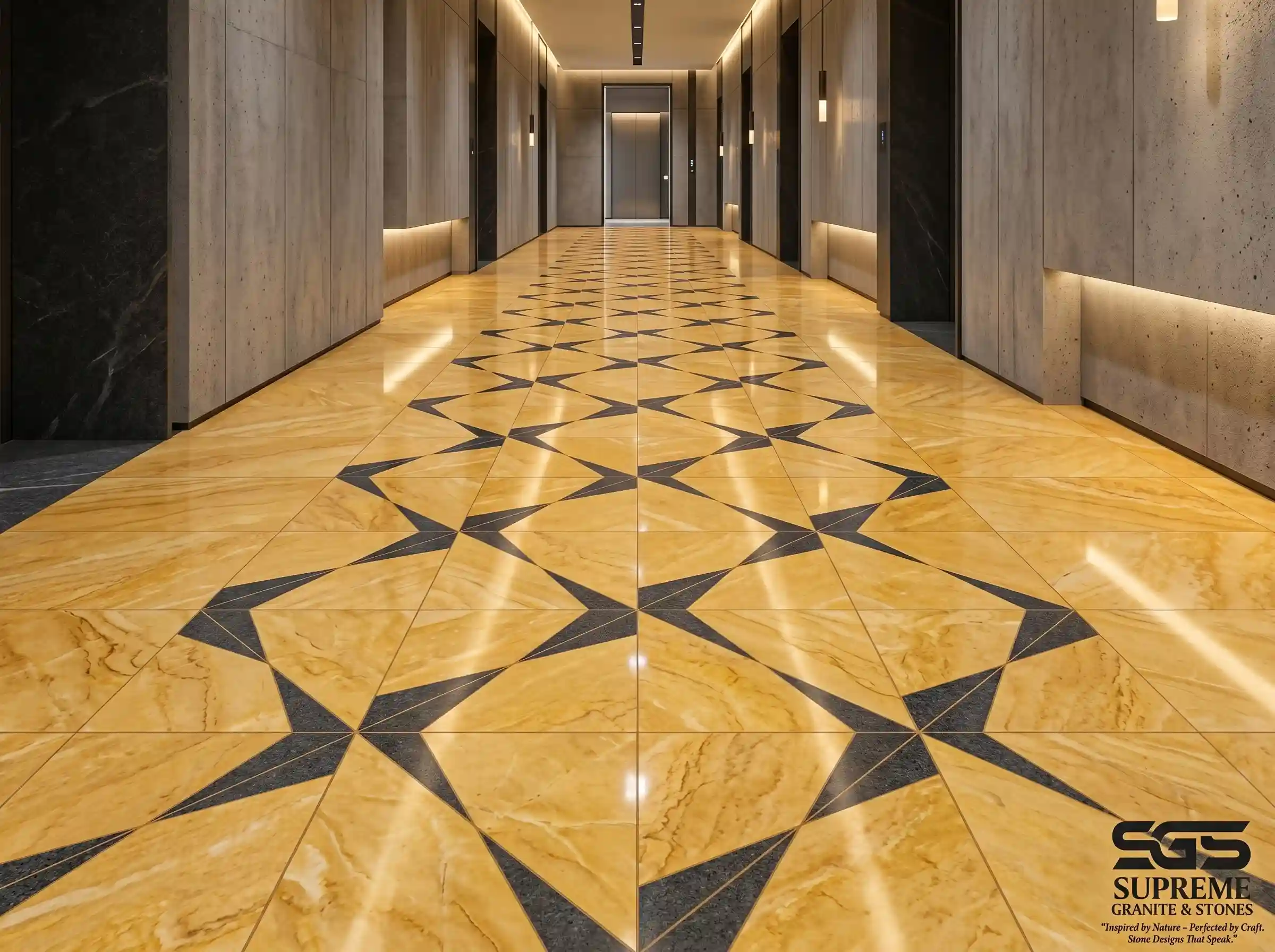 Jaisalmer yellow marble used in designer corridor flooring with geometric inlay pattern, polished luxury marble surface