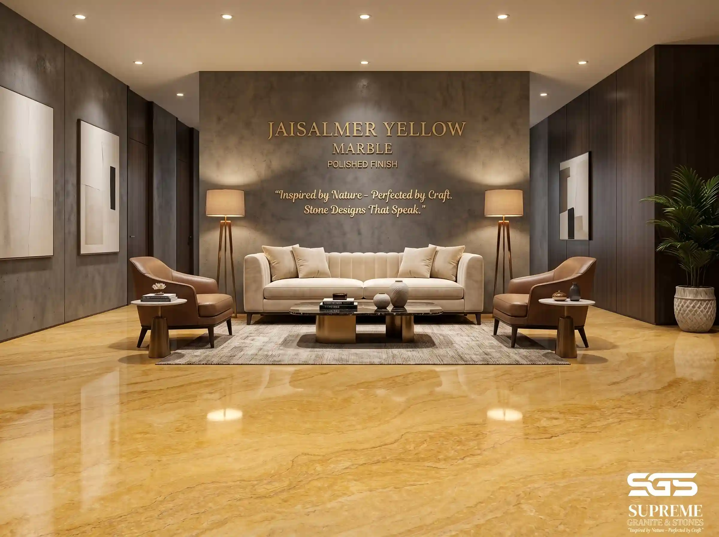 Jaisalmer yellow marble flooring in luxury living room with polished finish, warm golden marble enhancing elegant interiors