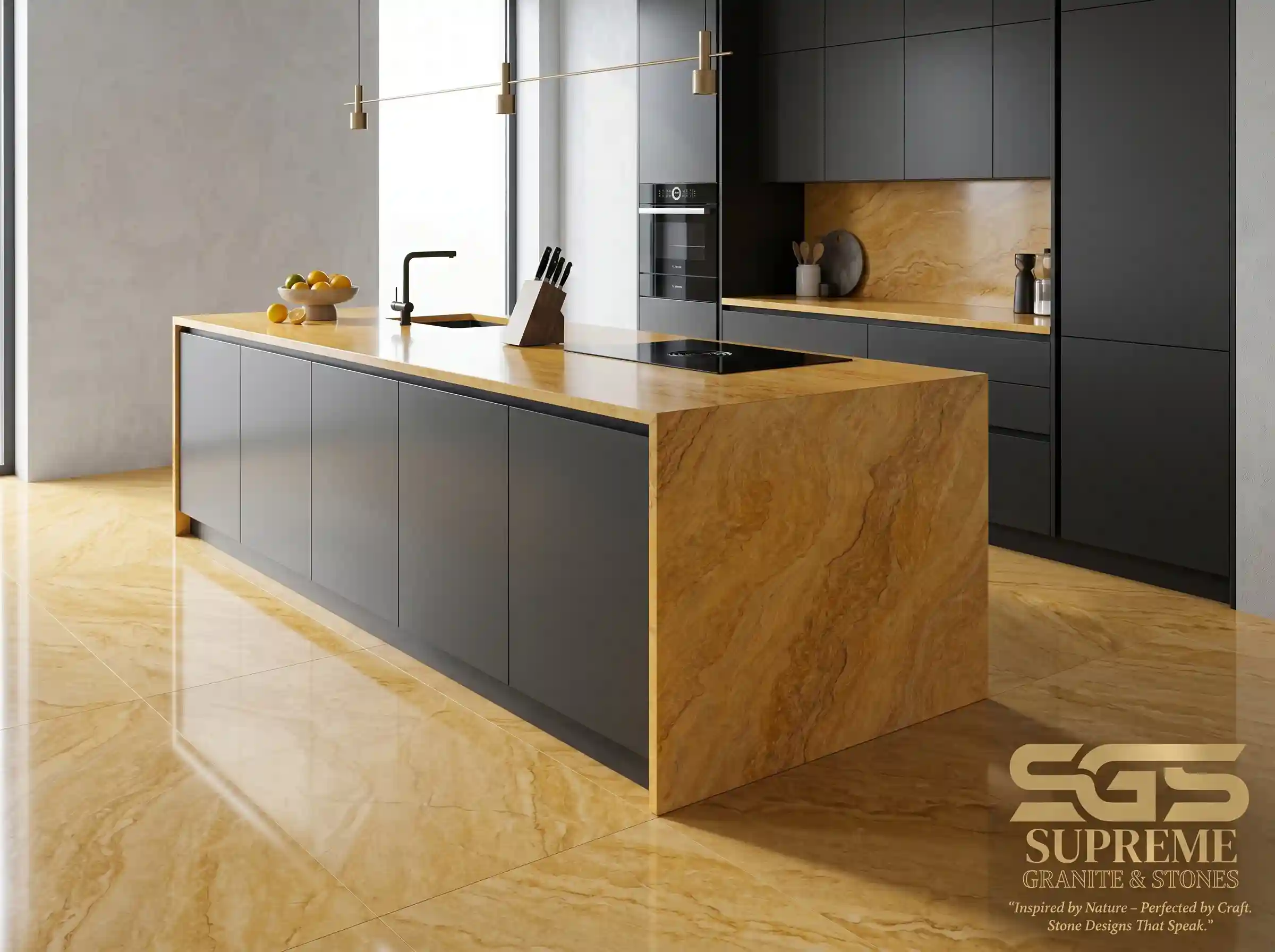 Jaisalmer yellow marble used for modern kitchen countertop and flooring, polished natural stone with warm golden tones