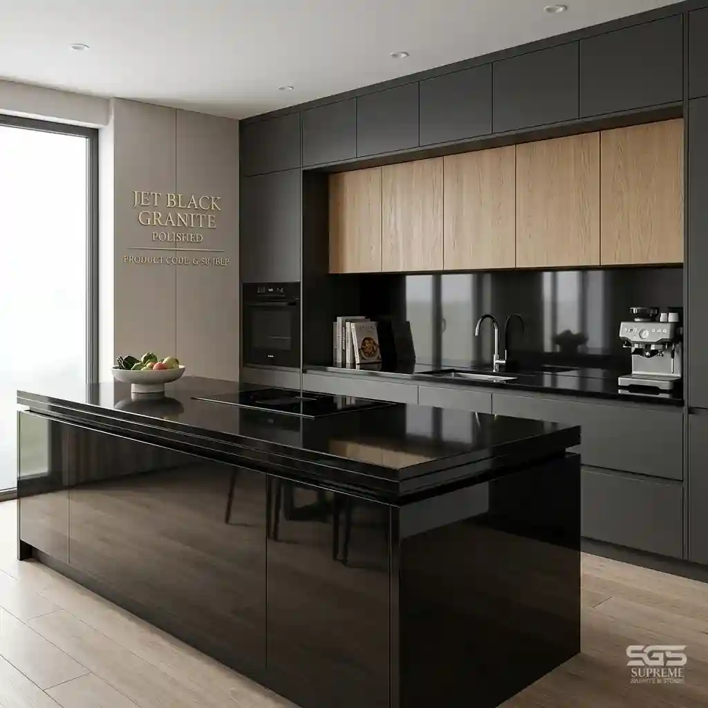 jet black granite kitchen island countertop polished finish modern interior design