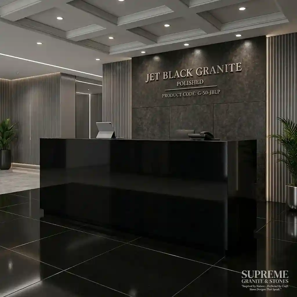 jet black granite reception desk polished surface modern office interior granite application