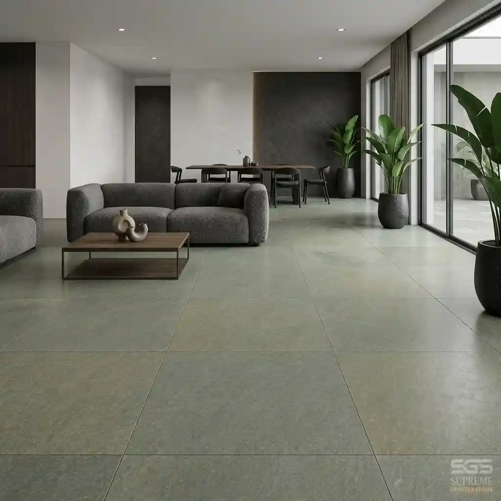 Contemporary living room finished with Kota Stone Natural Green flooring, offering a seamless natural limestone surface suitable for residential and commercial interiors.