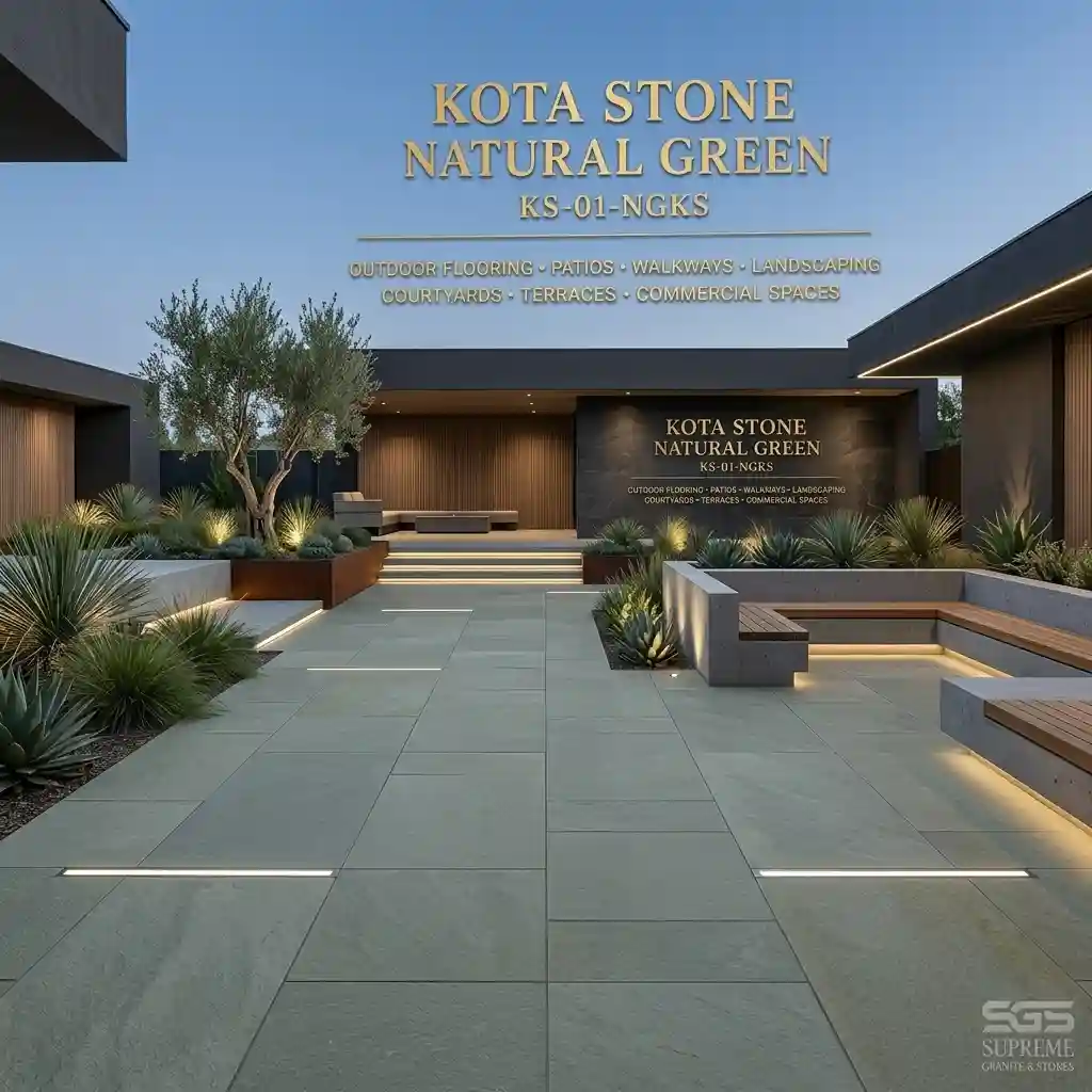 Modern courtyard featuring Kota Stone Natural Green flooring with natural green limestone paving, ideal for patios, walkways, terraces, landscaping, and commercial outdoor spaces.