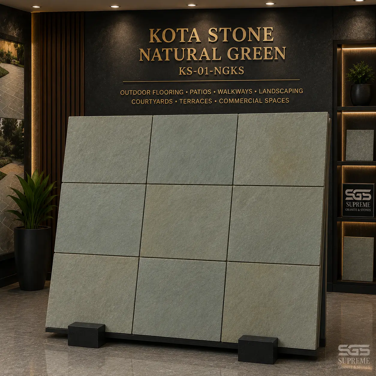 Kota Stone Natural Green Tiles (KS-01-NGKS) | Premium Limestone Supplier Display of Kota Stone Natural Green tiles featuring natural green limestone with calibrated edges, ideal for outdoor flooring, patios, terraces, and commercial applications.