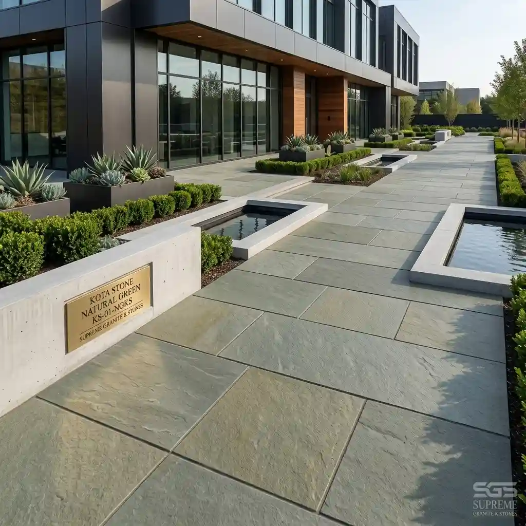 Commercial landscape walkway paved with Kota Stone Natural Green slabs, designed for outdoor pathways, courtyards, landscaping, and architectural projects.