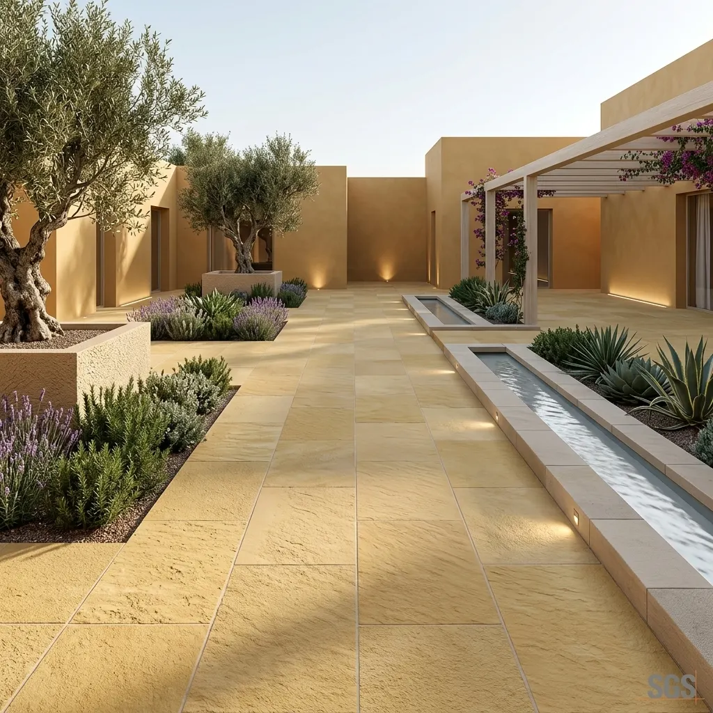 Luxury courtyard featuring Kota Stone Natural Yellow flooring with natural yellow limestone paving, ideal for patios, walkways, landscaping, courtyards, and outdoor living spaces.