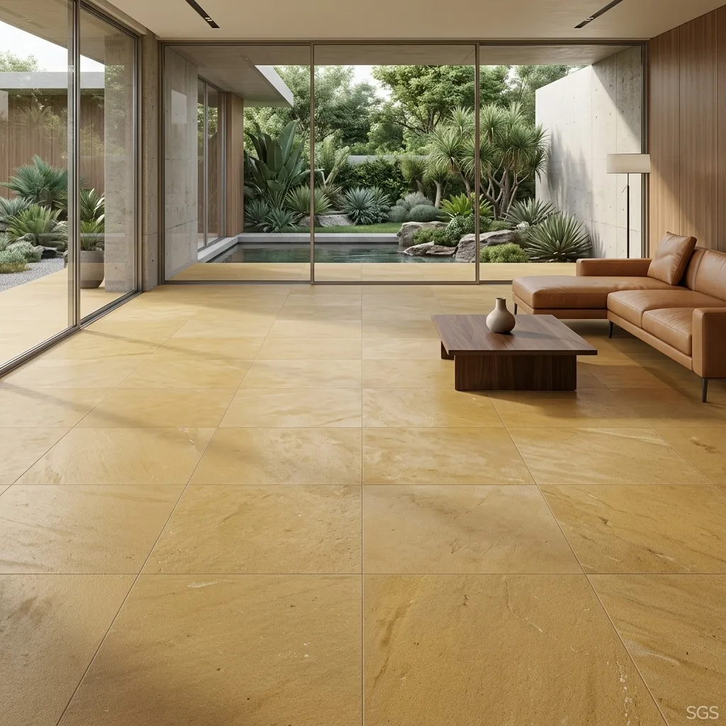 Modern living room featuring Kota Stone Natural Yellow flooring with warm natural limestone tones, suitable for residential interiors, villas, courtyards, and premium architectural projects.