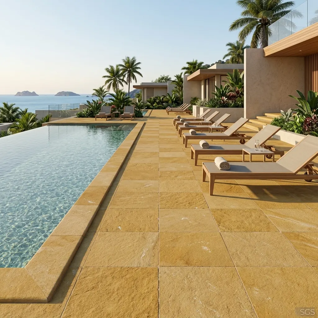 Luxury swimming pool deck finished with Kota Stone Natural Yellow, offering durable, slip-resistant natural limestone flooring for resorts, villas, patios, and outdoor entertainment areas.