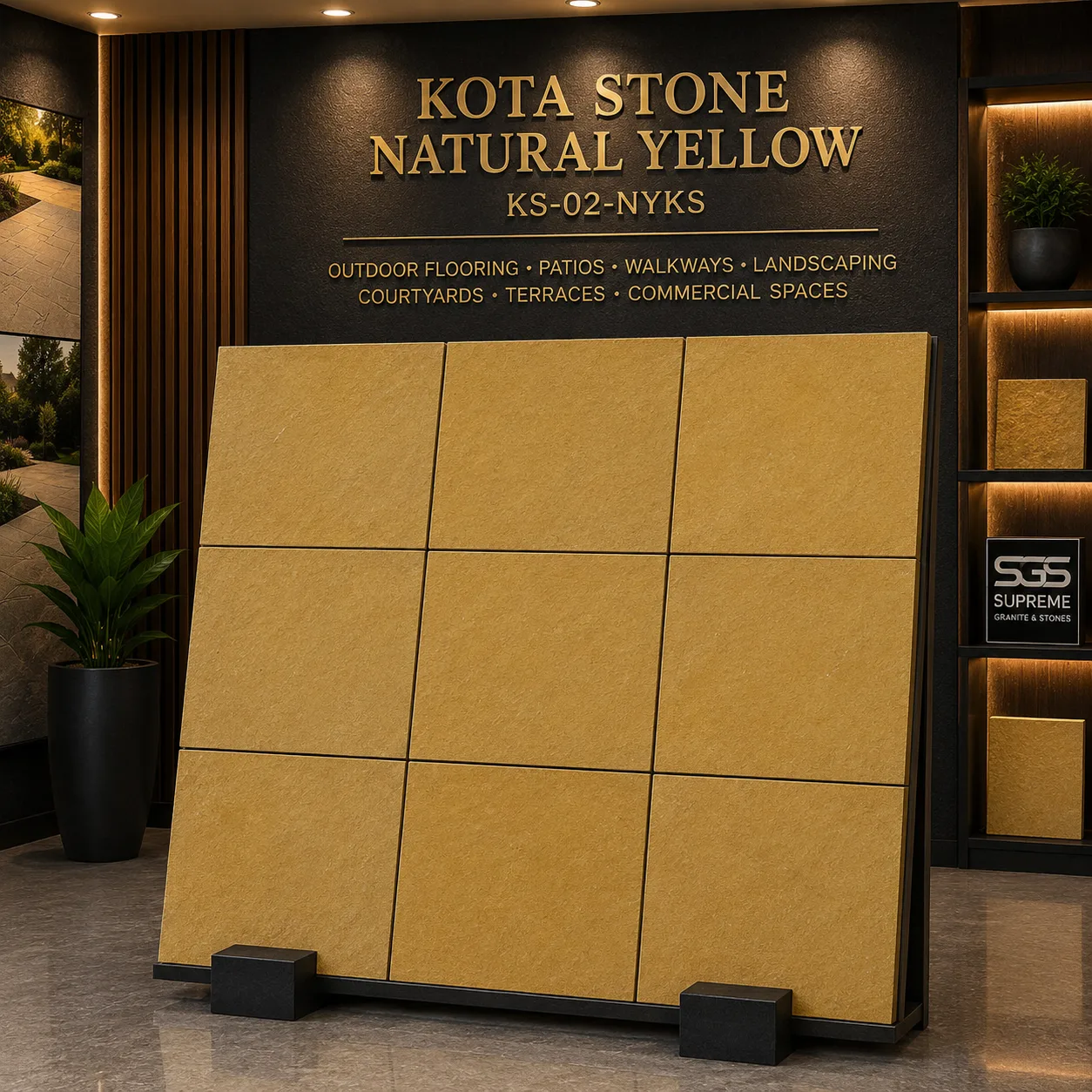 Display of Kota Stone Natural Yellow tiles featuring premium natural yellow limestone, perfect for outdoor flooring, patios, walkways, terraces, and commercial landscaping projects.