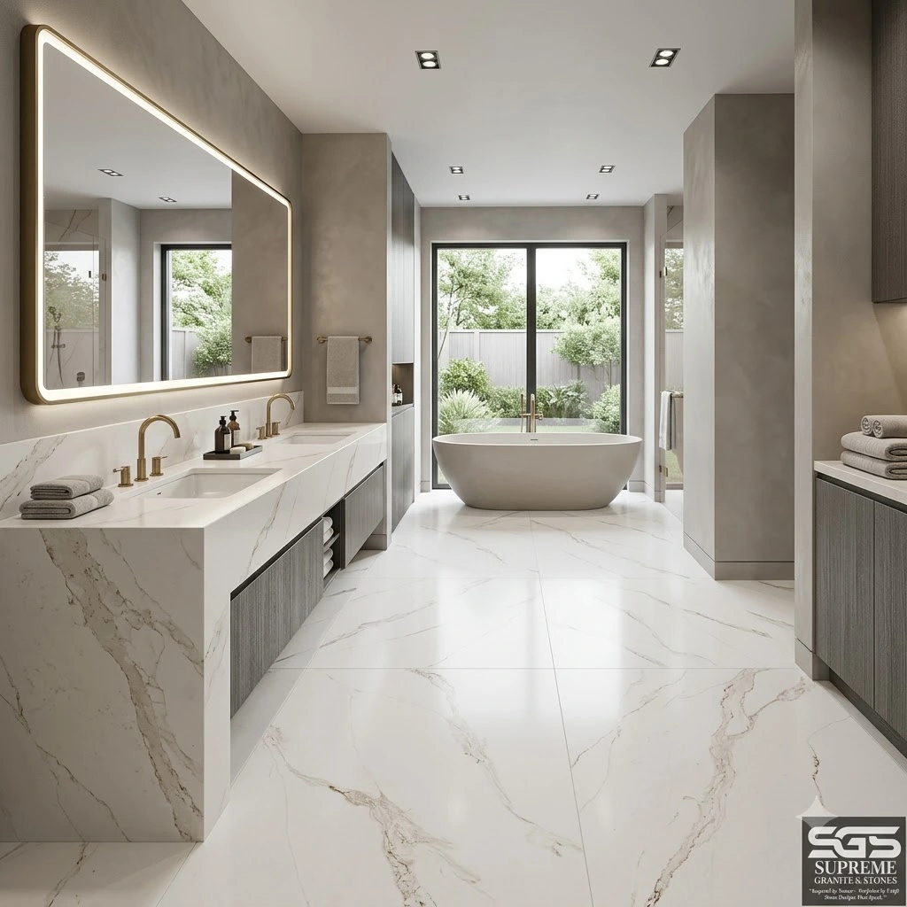 Modern luxury bathroom featuring Lavize Quartz vanity tops, shower walls, and flooring with a bright white quartz surface and refined grey-gold veining, ideal for premium residential and hospitality bathroom interiors.